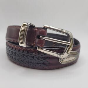 Fossil Belt Men 42 Brown Leather Braided Western Concho Silver Buckle Tip Patina